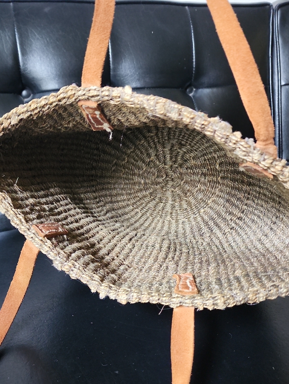 African Woven Sisel Jute Leather Strap Large Market Tote Purse Bag Vintage - Picture 7 of 11